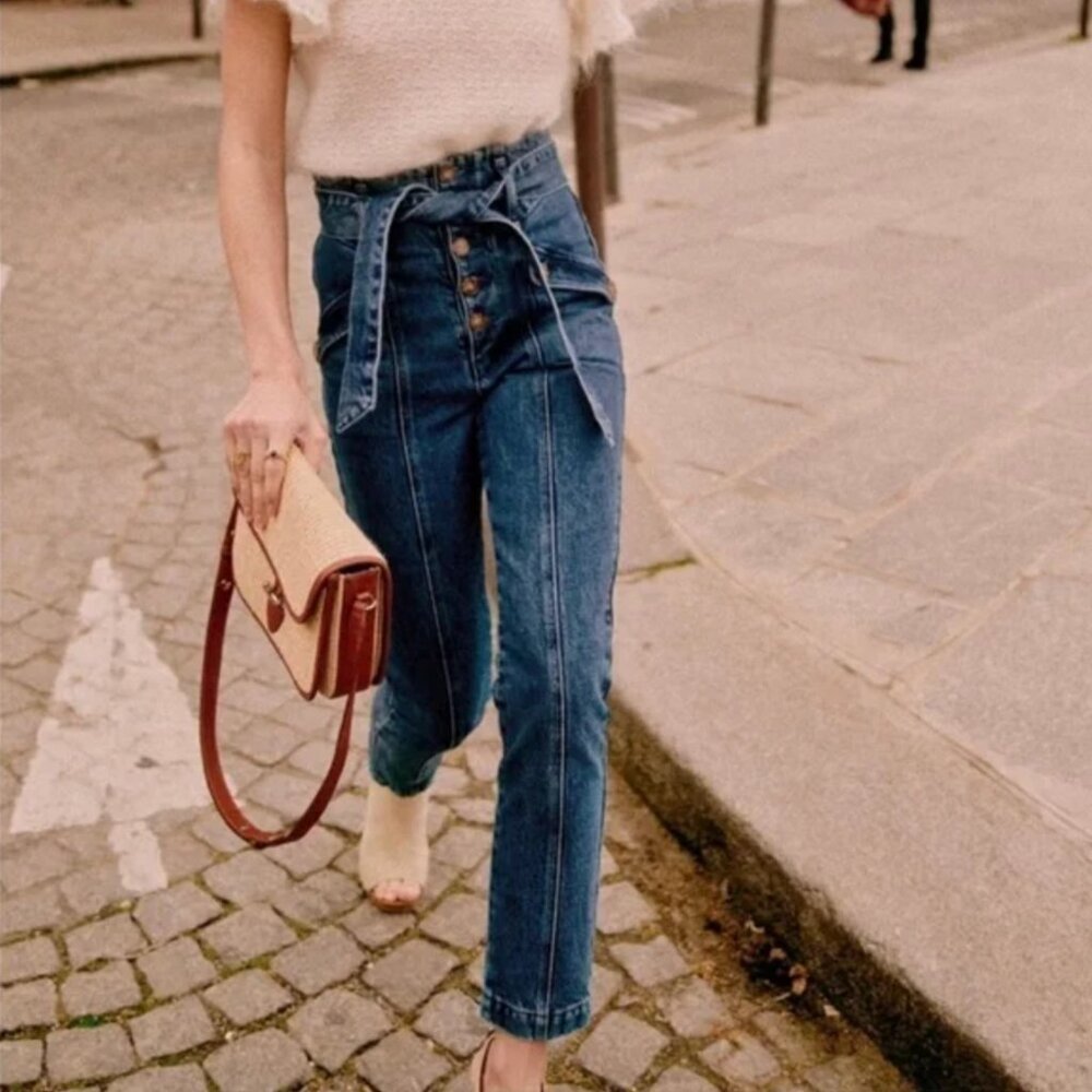 Sézane High-Waist Paperbag Button-Fly Jeans in Denim Blue